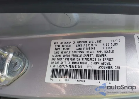 2011 Honda Accord Lxp from USA, damaged, VIN 1HGCP2F47BA057969